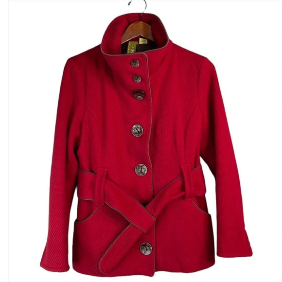SOIA & KYO Deep Red Ribbed Wool Blend Belted Jacket Coat High Neck Pockets M - Picture 2 of 11